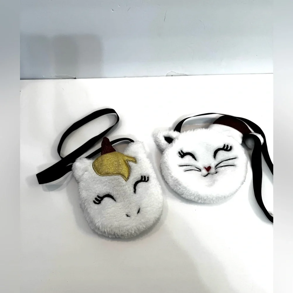 2 Toddler White Fuzzy Christmas Purses Unicorn and Kitty Pretend Play